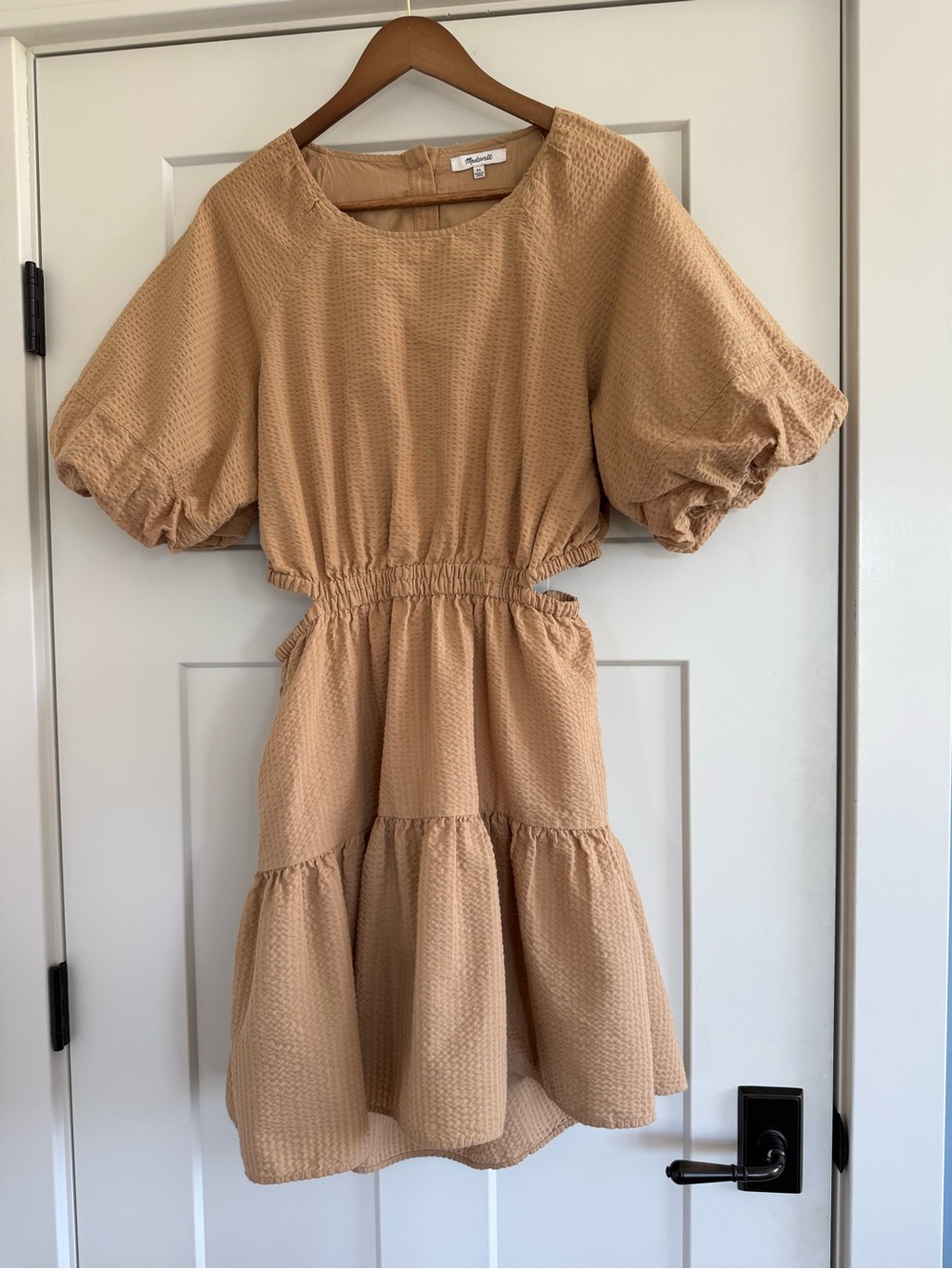 Madewell Seersucker Puff-Sleeve Cutout Mini Dress Seed Khaki Tan XL